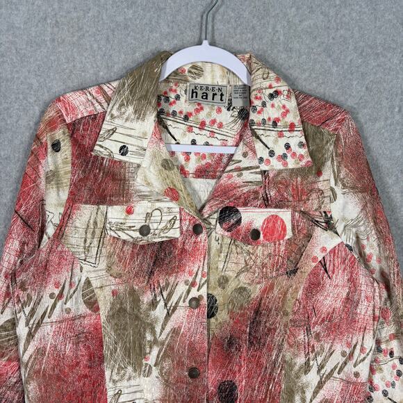 Keren Hart Jacket Medium Coral Gold Painted Artsy Abstract Maximum Boho Granny - Picture 2 of 9